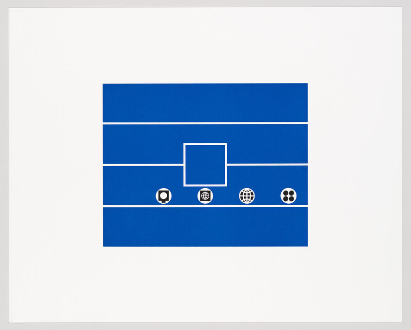 A minimalist graphic artwork featuring a series of blue horizontal stripes on a white background with a central square outline and four circular icons at the bottom, representing a camera, a globe, a wheel, and a film reel.