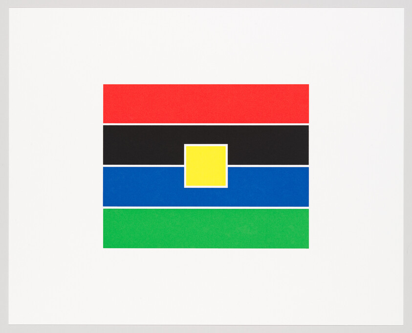 A minimalist geometric artwork featuring a series of horizontal stripes in red, black, blue, and green, with a central yellow square overlapping a smaller white square, all against a white background.