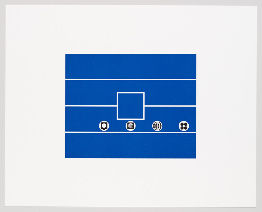 A minimalist graphic artwork featuring a blue rectangle with three horizontal stripes and a central square. In each corner of the rectangle are simple black and white icons representing a camera, a globe, a chat bubble, and a gear wheel, suggesting themes of technology and communication. The image is centered on a white background.