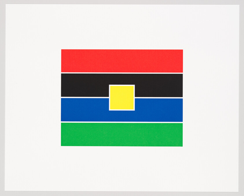 Five horizontal color bands with a yellow square centered over the middle blue band.