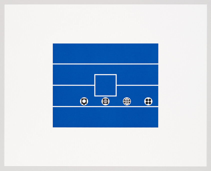 Blue rectangular graphic with horizontal bands, a central square, and four small circular icons along the middle.