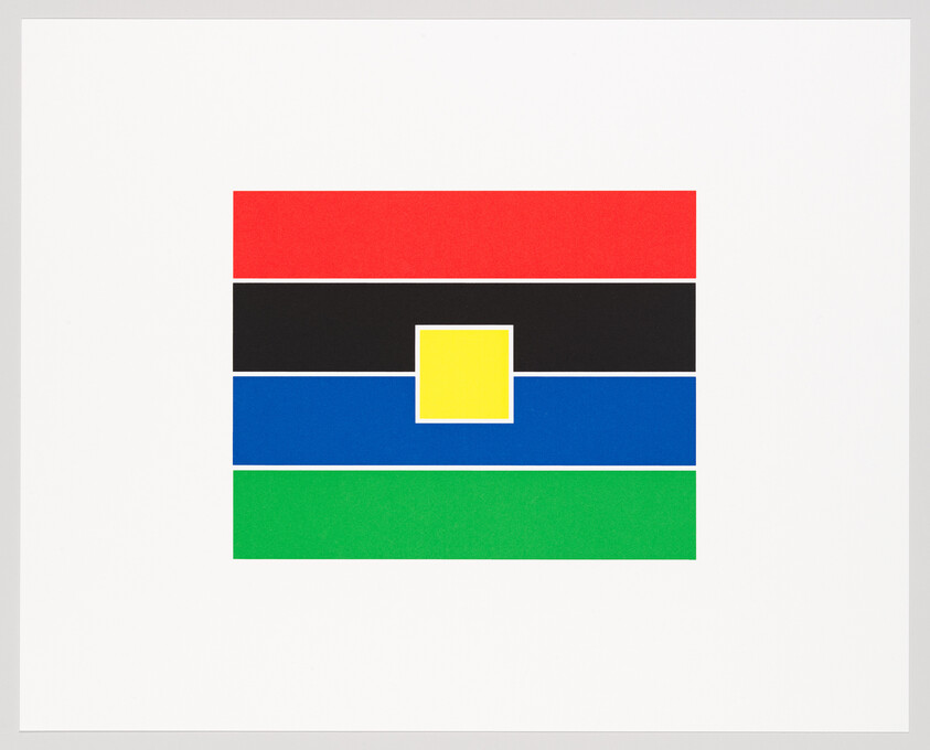 Four horizontal colored bars with a centered yellow square over the blue and black bars.