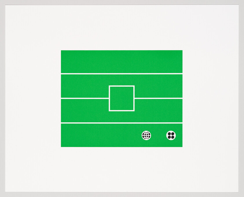 Green rectangular diagram with horizontal white lines, a central square, and two small icons at bottom right.