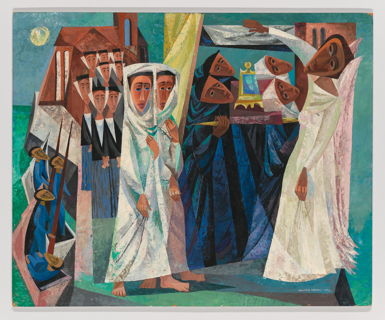 Women in white veils walk barefoot in a ceremonial procession while others carry a sacred icon.