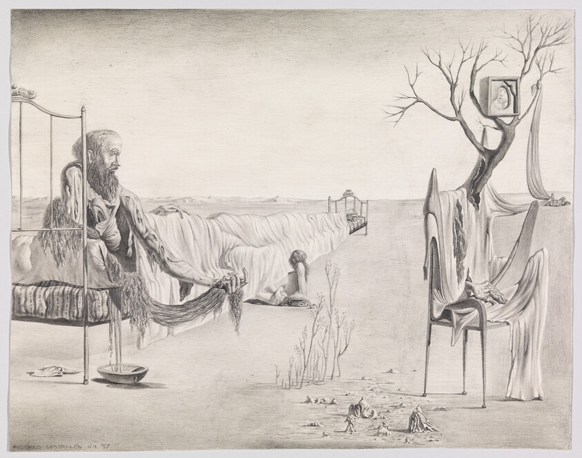 A bearded man lies on a bed with long sheets stretching into a distant surreal landscape.