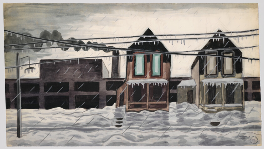Two small houses and a building covered in snow and icicles during a heavy winter storm.