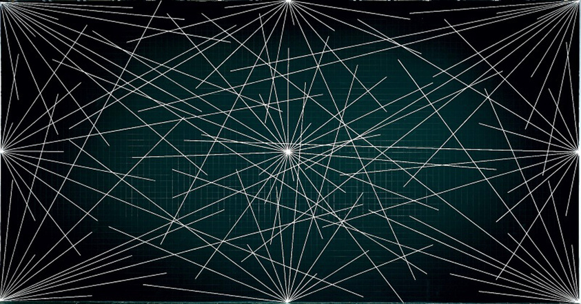 A digital abstract image featuring a network of white lines intersecting at various points against a dark background with a grid pattern, creating a visual effect reminiscent of a constellation map or a complex web.