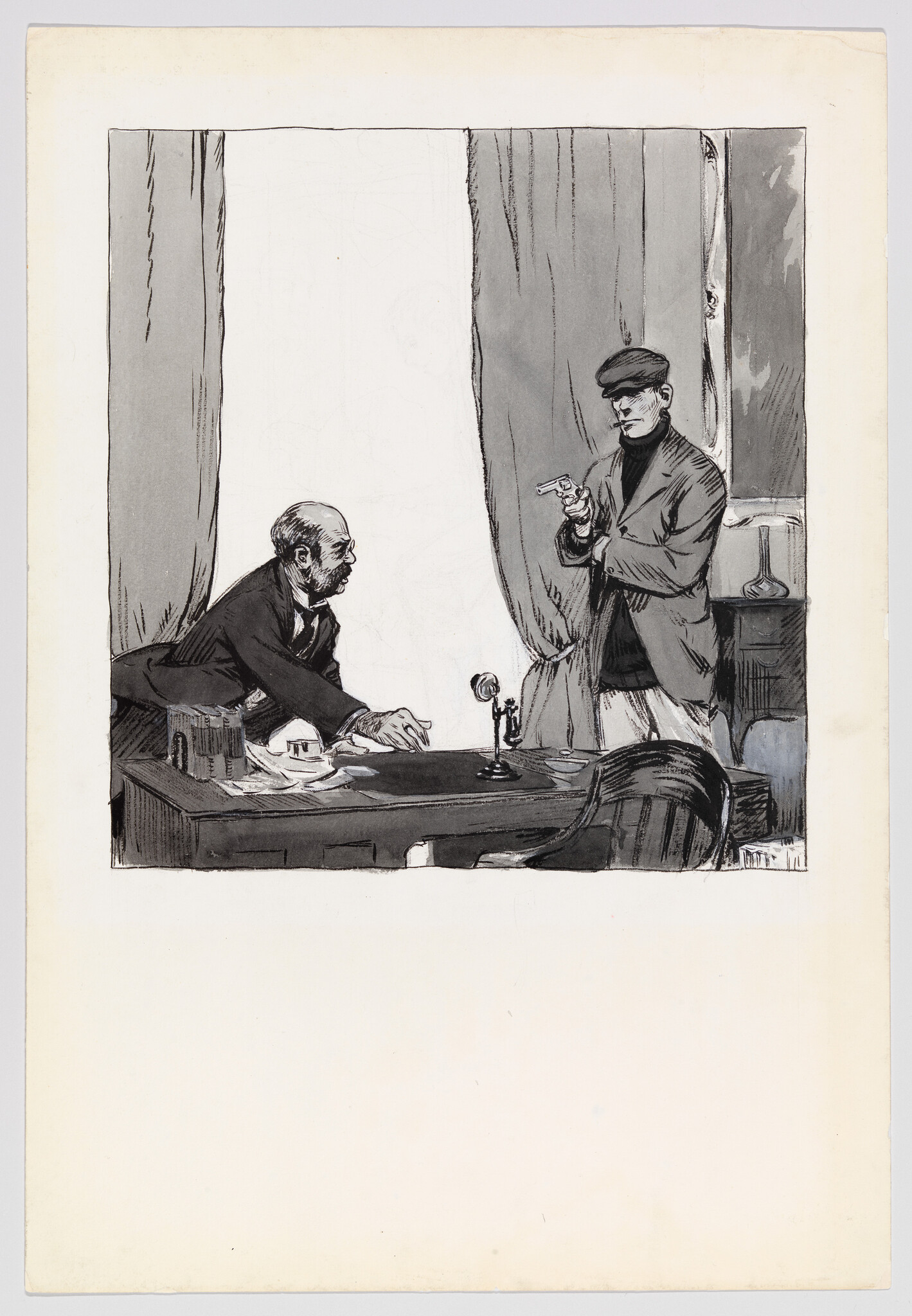 A standing man points a pistol at a seated man reaching across a desk.