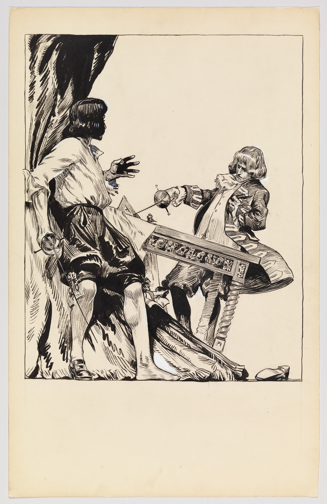 Two men duel with rapiers as a table tips and one man stumbles backward.