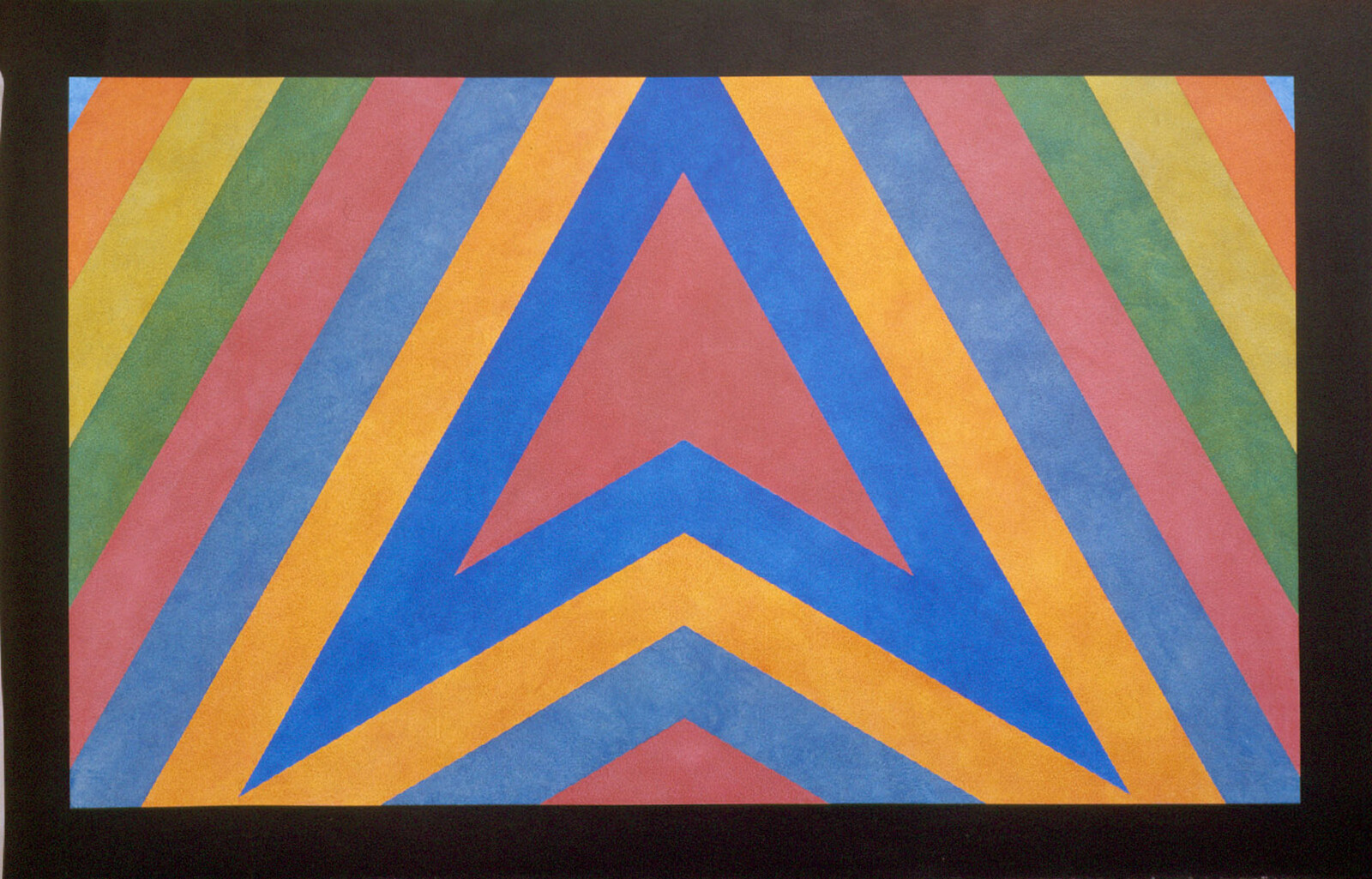 A colorful geometric abstract painting featuring a series of overlapping, brightly colored diagonal stripes in red, blue, yellow, and green, creating a pattern of chevrons against a black background.