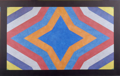 Bold concentric diamond shapes in blue, orange, red, and white framed by a black border.
