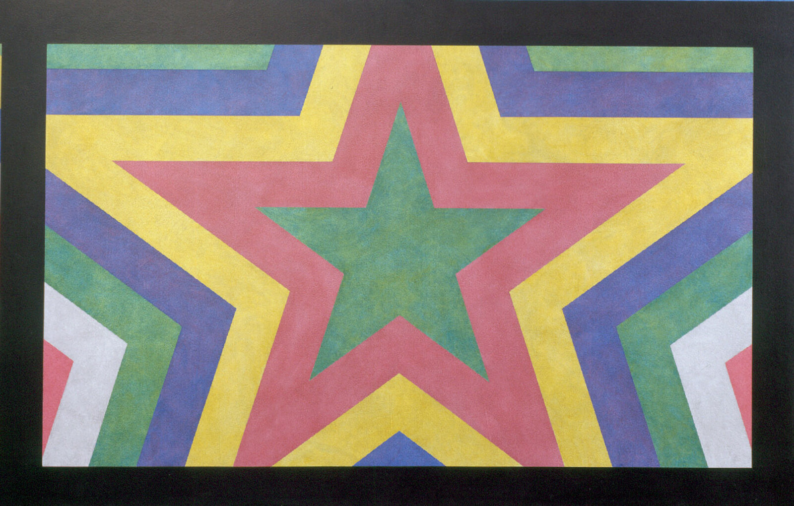 A colorful geometric painting featuring a large central star with multiple layers of smaller stars in various colors such as yellow, blue, green, and red, all set against a black background.