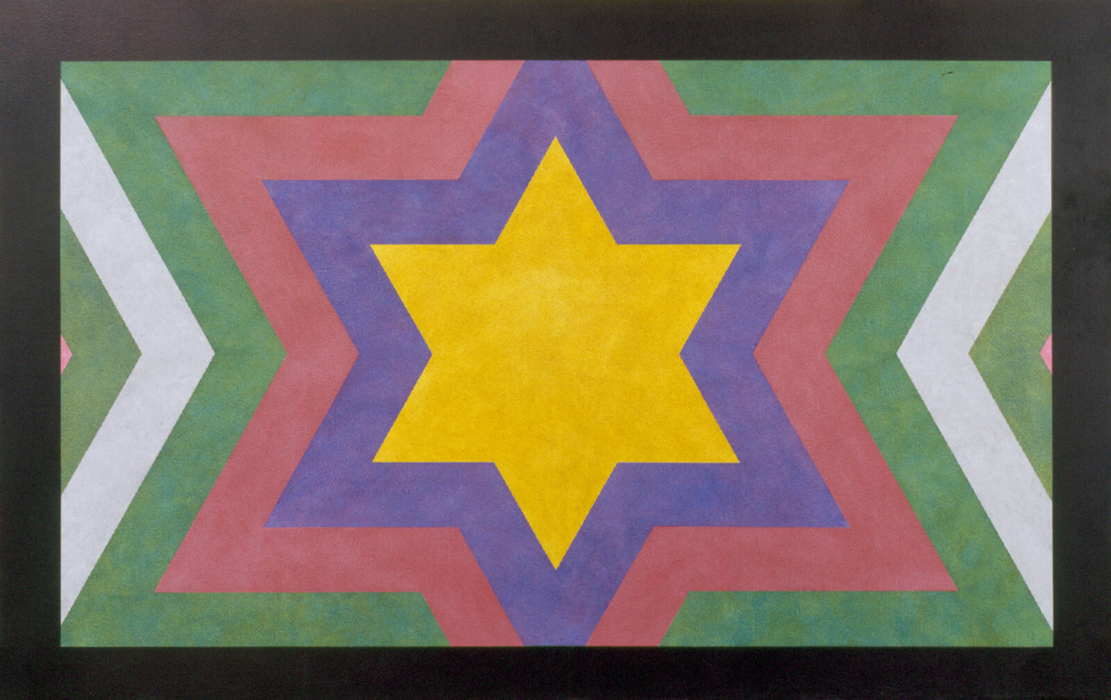 A geometric abstract painting featuring a series of stars nested within each other with alternating colors of yellow, blue, red, and green, set against a black background.