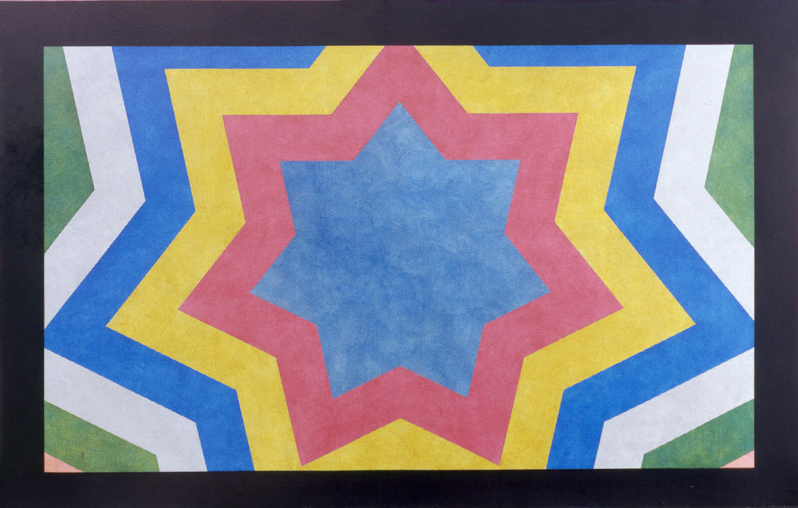 A colorful geometric abstract painting featuring a series of stars nested within each other with alternating bands of blue, pink, yellow, and green, set against a black background.