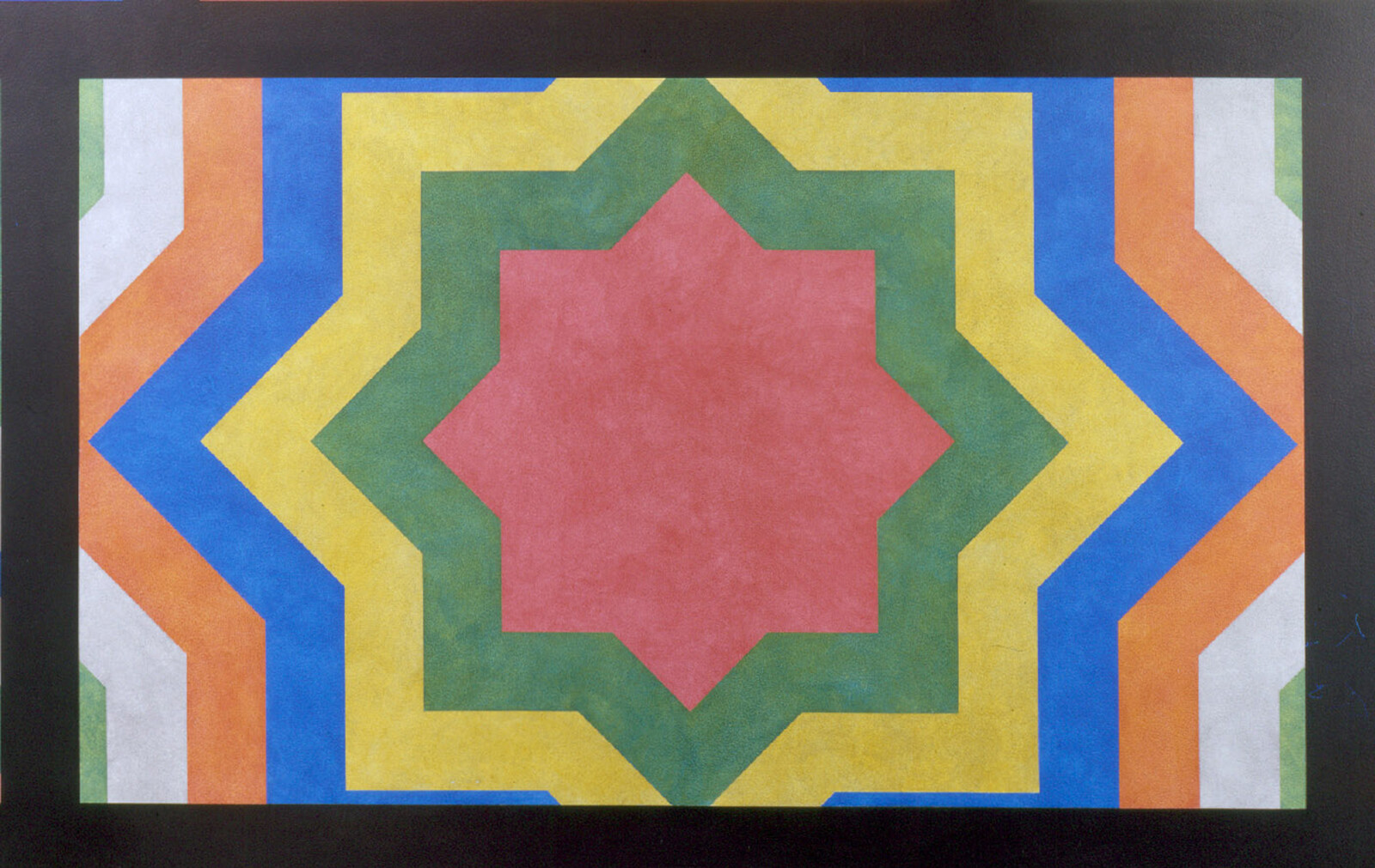 A colorful geometric abstract painting featuring a series of nested shapes with a central octagonal figure in red, surrounded by concentric layers of green, yellow, blue, and orange, all set against a black background.
