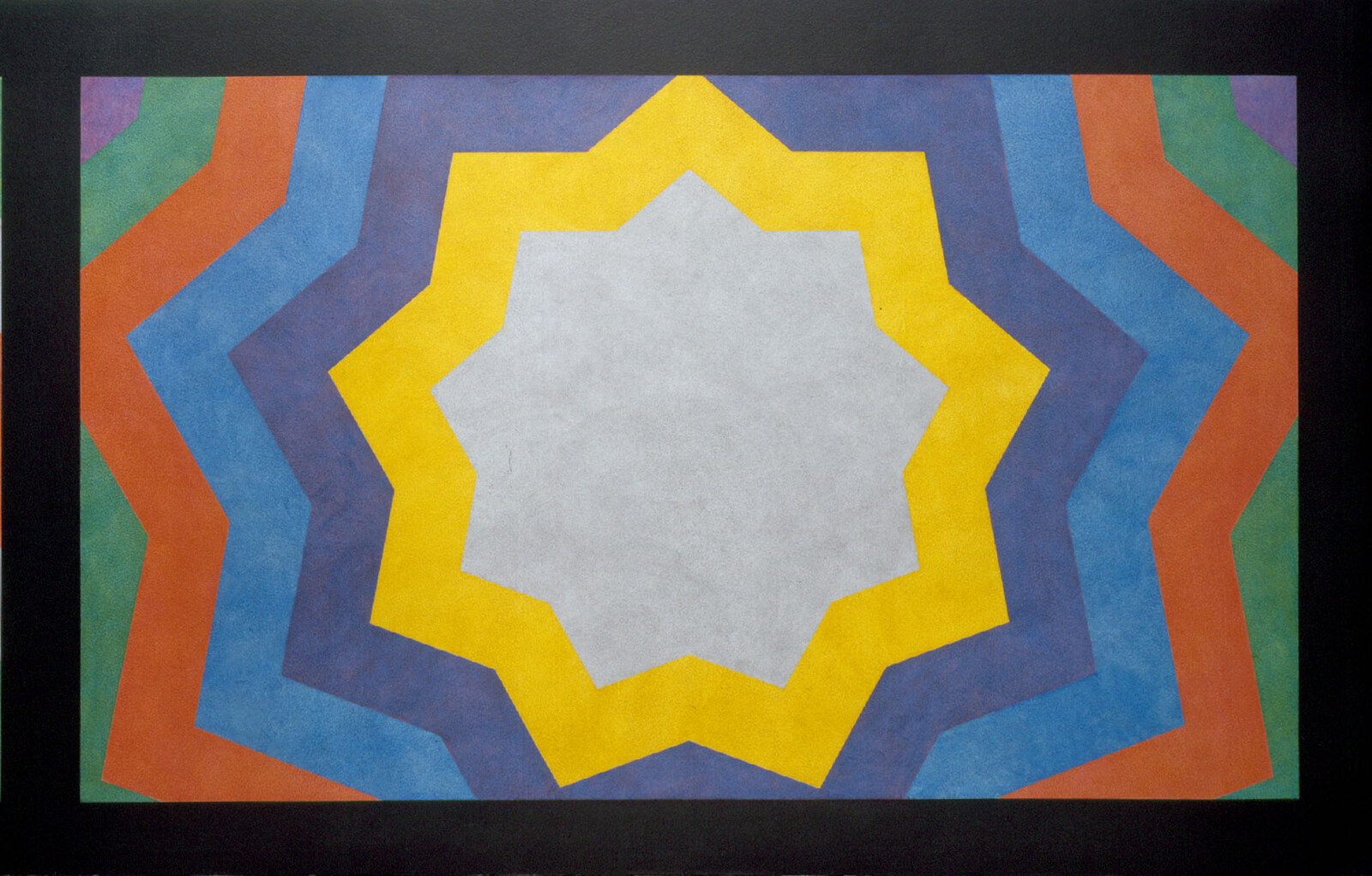 A colorful geometric abstract painting featuring a central eight-pointed star shape in shades of yellow, surrounded by concentric layers of zigzag patterns in various colors such as blue, orange, and green, all set against a black background.