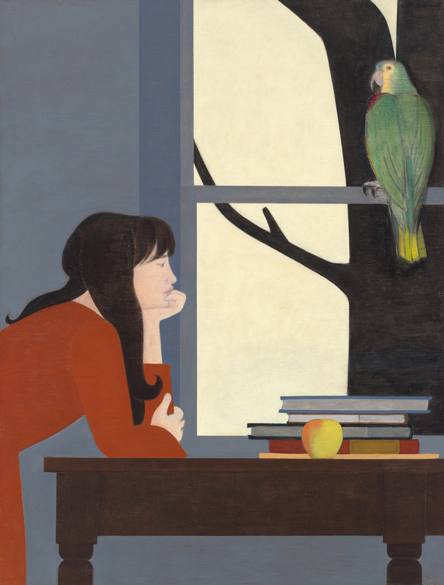 A white woman with long dark hair in an orange-red dress leans on a tabletop beside a stack of books and apple. She looks past a large green bird that sits in the big, nearby window.