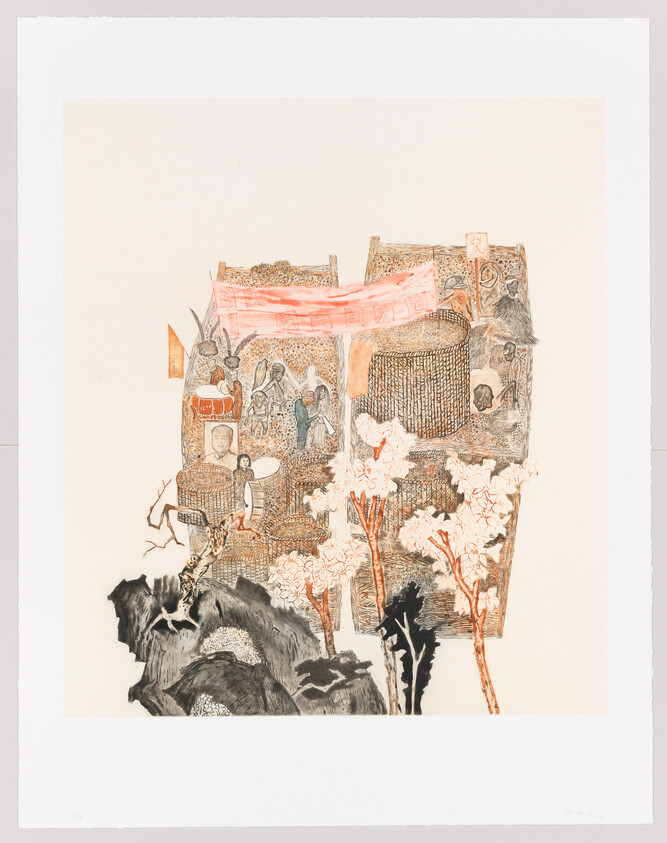 A delicate ink and watercolor village scene showing round huts, small figures, trees, and a red banner.