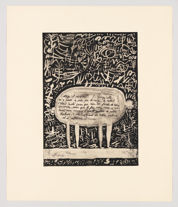 A black and white print featuring a dense array of abstract symbols, scribbles, and line drawings. In the center, there's an oval shape containing handwritten text, surrounded by various forms that resemble hieroglyphics or primitive drawings. The artwork is bordered by a plain margin, and at the bottom, there's a signature and a number indicating it's part of a limited series.