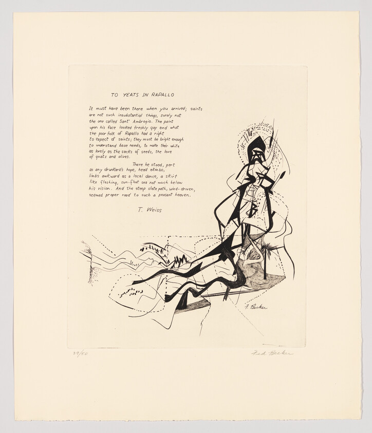 This image features an abstract black and white illustration with a poem titled "TO YEATS IN RAPALLO" by T. Weiss on the left side. The illustration on the right depicts a stylized figure with elongated limbs and a halo-like shape behind the head, set against a backdrop of what appears to be mountains and waves. The artwork has a dynamic and somewhat surreal quality. Below the poem and the illustration, there are signatures and the edition number "39/50" indicating it's a limited print.