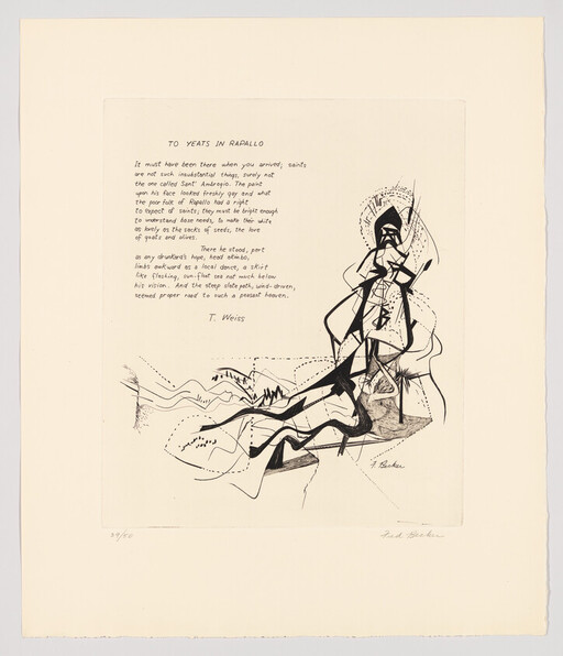 Abstract black ink figure with flowing lines beside a handwritten poem titled "To Yeats in Rapallo."