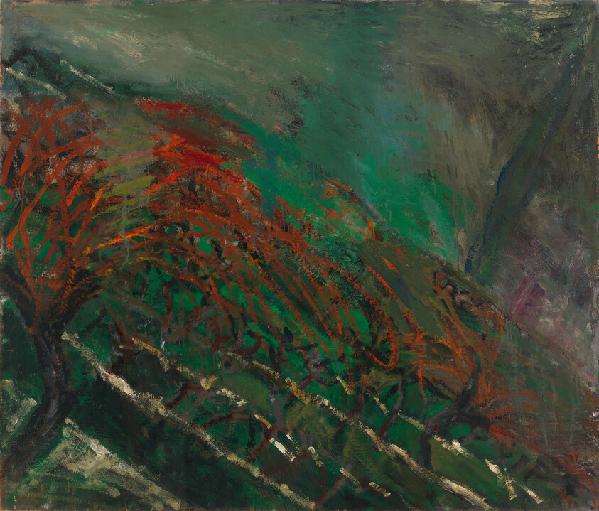 Dark green landscape with bent, windswept trees rendered in red and orange brushstrokes.
