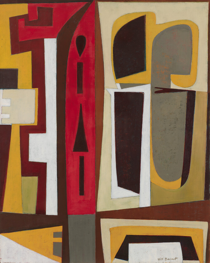 Abstract painting of vertical geometric shapes in red, yellow, brown, and white.