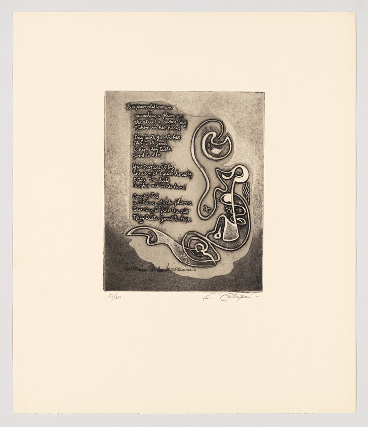 This is an image of an etching or print featuring a stylized, abstract design with curvilinear forms and a section of text on the left side. The text appears to be a poem titled "To a poor old woman" and the artwork includes a signature at the bottom right, possibly reading "K. Colby." The print is numbered "3/50" at the bottom left, indicating it is part of a limited edition. The paper has a warm tone, and the artwork is centered with a wide margin around it.