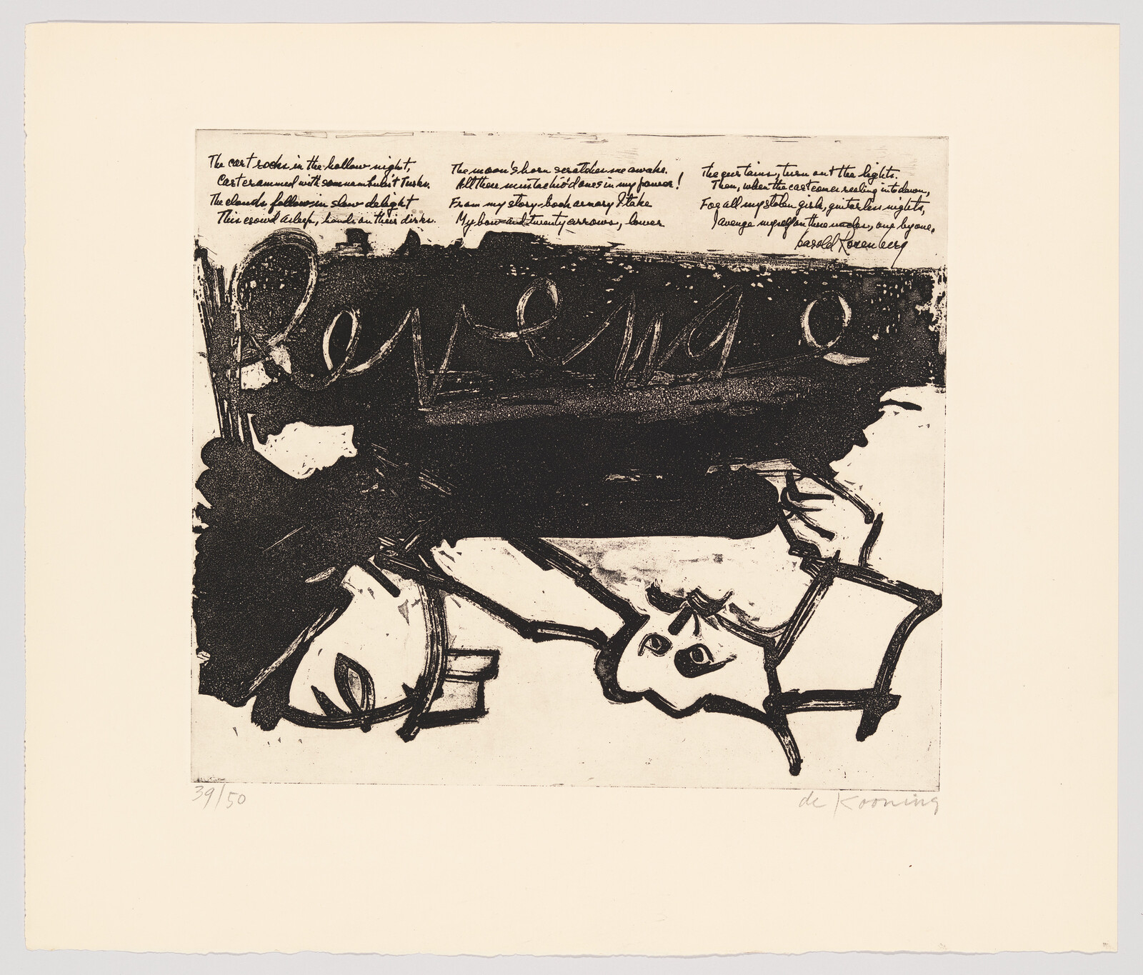 A black and white abstract print featuring bold, expressive lines and shapes with text elements at the top. The central figure appears to be a stylized, fragmented form that could be interpreted as a human or animal shape, surrounded by dark areas and scratchy marks. The print is numbered 39/50 and signed by the artist 'de Kooning' on the bottom right.