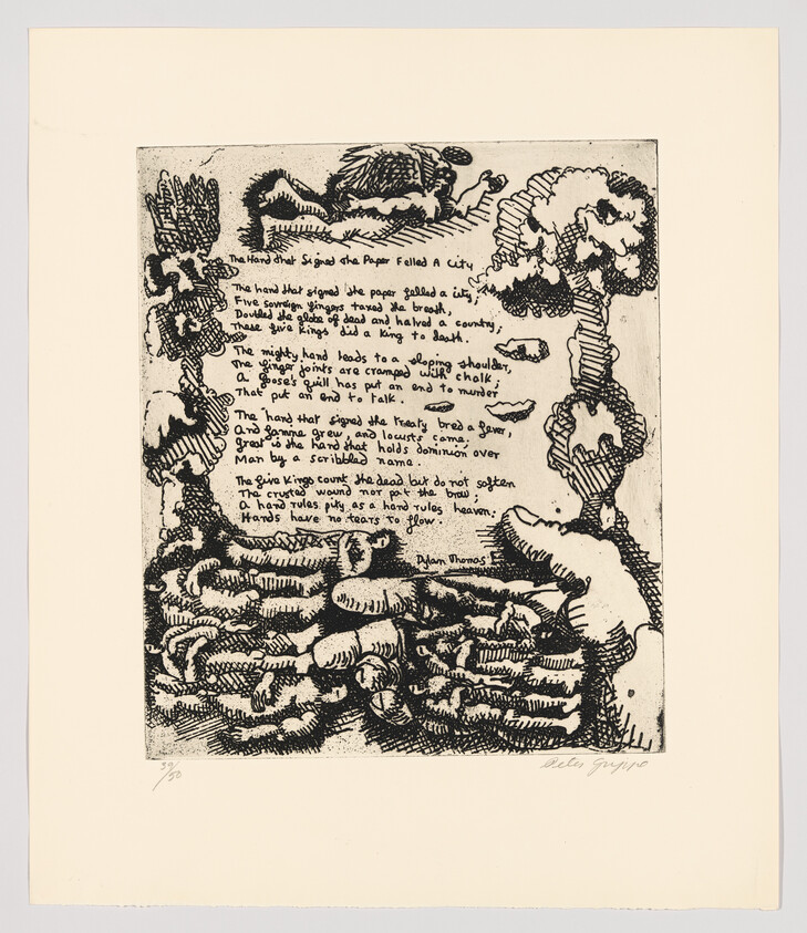 This is a black and white etching featuring a chaotic scene with various figures and a tree, accompanied by a poem written in English. The poem discusses the impact of a hand signing a paper, suggesting themes of power and consequence. The artwork is signed by the artist at the bottom right.