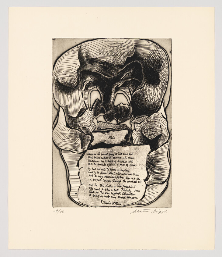 This is a black and white etching depicting an abstract, distorted human face with exaggerated features surrounded by wavy lines. Below the image is a block of text, which appears to be a poem, and at the bottom are signatures and a numbering indicating it is part of a limited series. The overall composition suggests a focus on the human psyche, as indicated by the word "Mind" written in two places within the artwork.