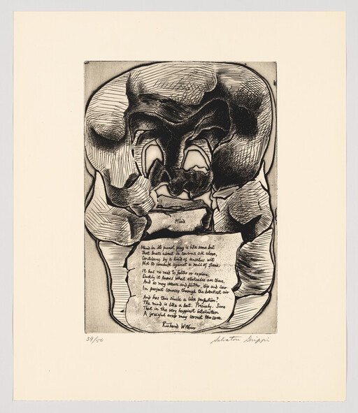 Abstract skull-like etching surrounding a handwritten poem titled "Mind" centered on the page.