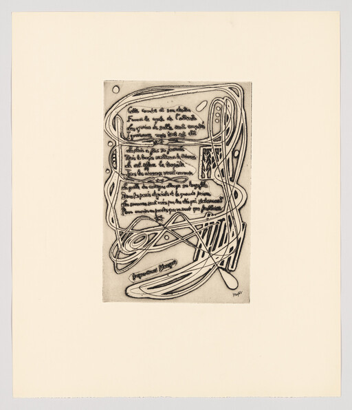 Abstract etching with looping lines and handwritten text centered on a large cream sheet.