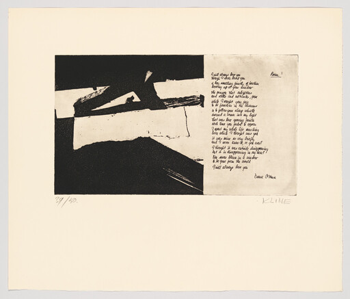 Abstract black shapes occupy the left side while a handwritten poem appears on the right.