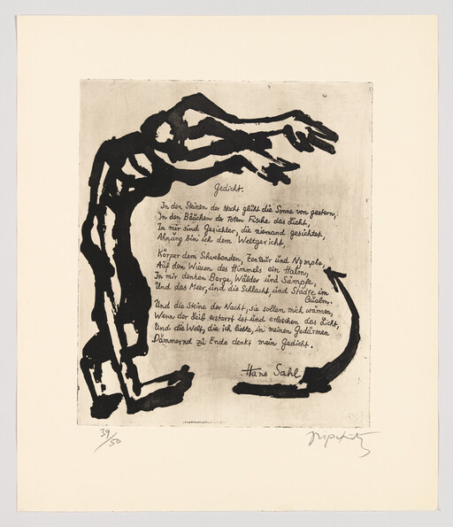 Handwritten German poem titled "Gedicht" framed by bold black abstract figures and a signature.