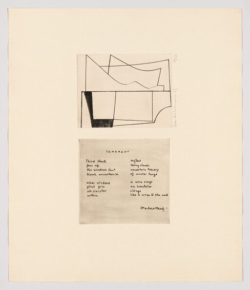Two square prints show an abstract geometric sketch above and a handwritten poem titled Tenement below.