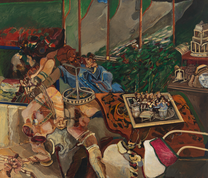 A richly colored interior scene with reclining figures, decorative objects, and a tray of small figurines.