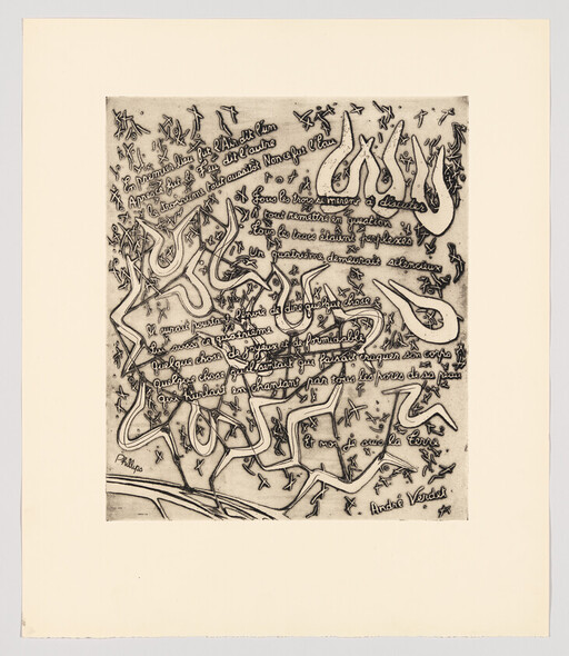 A black-and-white etching with French handwritten text and abstract calligraphic shapes on paper.