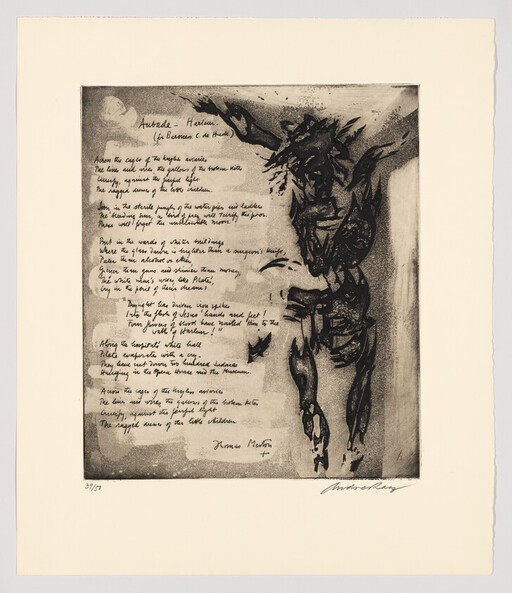 Handwritten poem beside a dark, abstract horse-like figure in a framed etching.