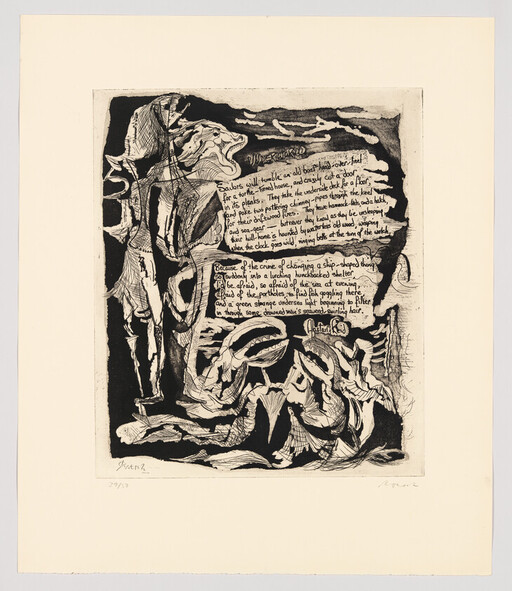 Abstract black-and-white etching showing swirling organic shapes and two blocks of handwritten text.