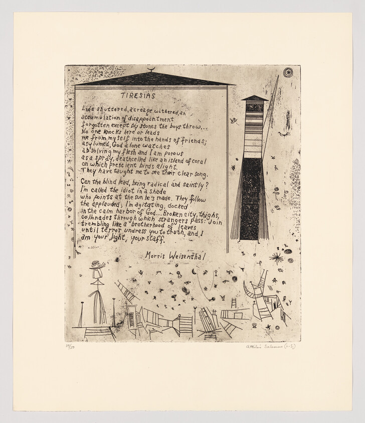 An etching titled "Tiresias" by Morris Weisenthal, featuring a poem written in a blocky, uneven font at the top half, with a scene of abstract figures, chairs, and stars below. The artwork has a sketch-like quality with a mix of clear and obscured elements, creating a dreamlike atmosphere.