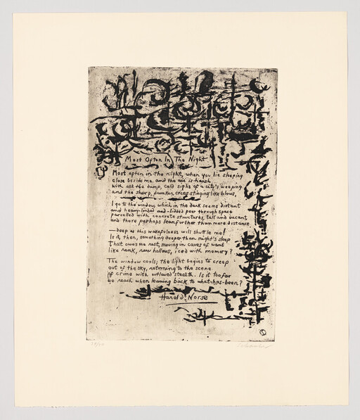 Handwritten poem titled "Most Often In The Night" surrounded by dark abstract ink drawings.