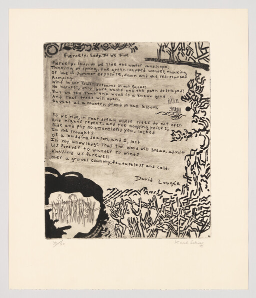 Handwritten poem page with decorative border and a small black-and-white illustration at the lower left.