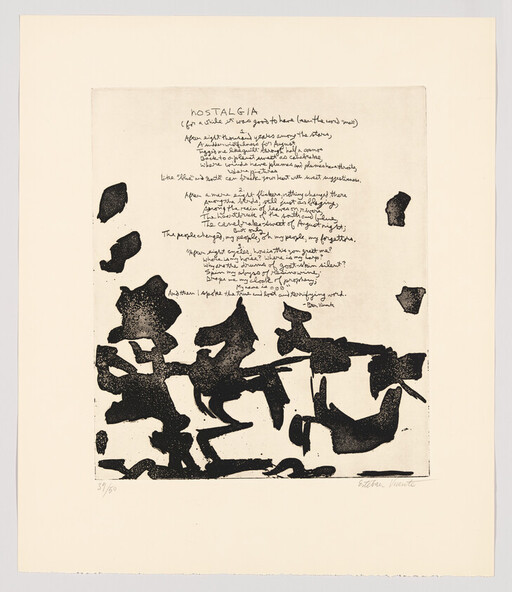 Handwritten poem titled "Nostalgia" above abstract black ink shapes on an off-white sheet of paper.