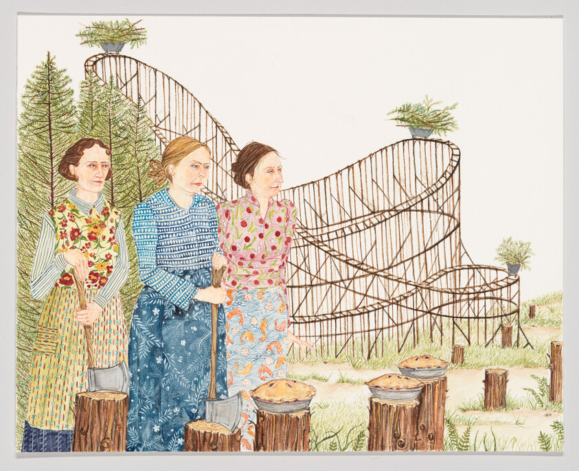 Three women stand by tree stumps holding axes with pies on stumps and a wooden roller coaster behind them.