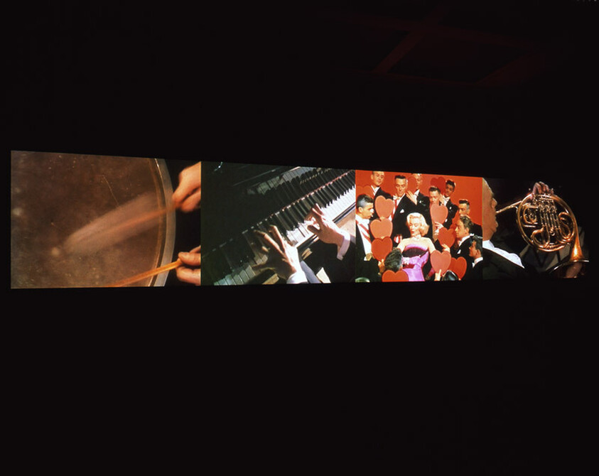 Four-panel film strip shows drumsticks, a pianist's hands, a singer with heart cutouts, and a French horn.