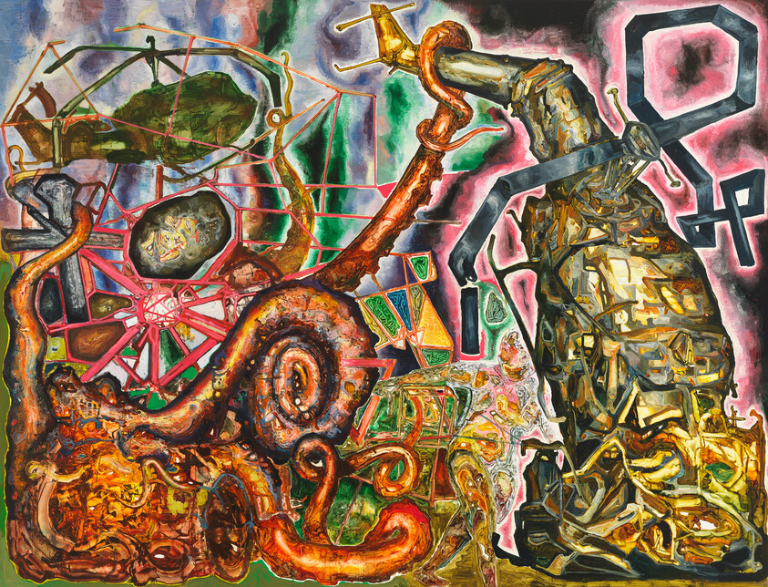 A tangled, colorful abstract scene with large spiraling tentacles intertwining with mechanical and geometric shapes.