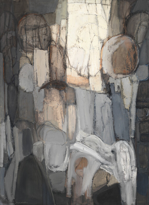 Abstract composition of muted gray and beige shapes suggesting figures and archways around a bright central area.