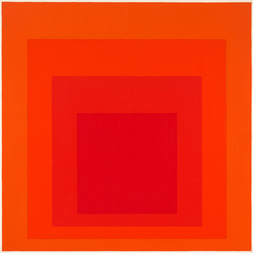 Concentric squares in varying red and orange tones create a layered geometric pattern.