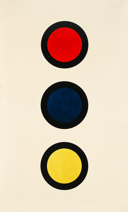 Three vertically stacked circles with red, dark blue, and yellow centers each surrounded by black rings.